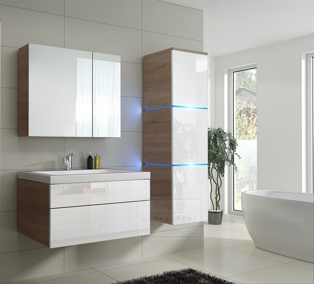Badmöbel-Set Lux 1 NEW Weiß Hochglanz/Sonoma KERAMIK Waschbecken Badezimmer Led Beleuchtung Badezimmermöbel Keramikbecken