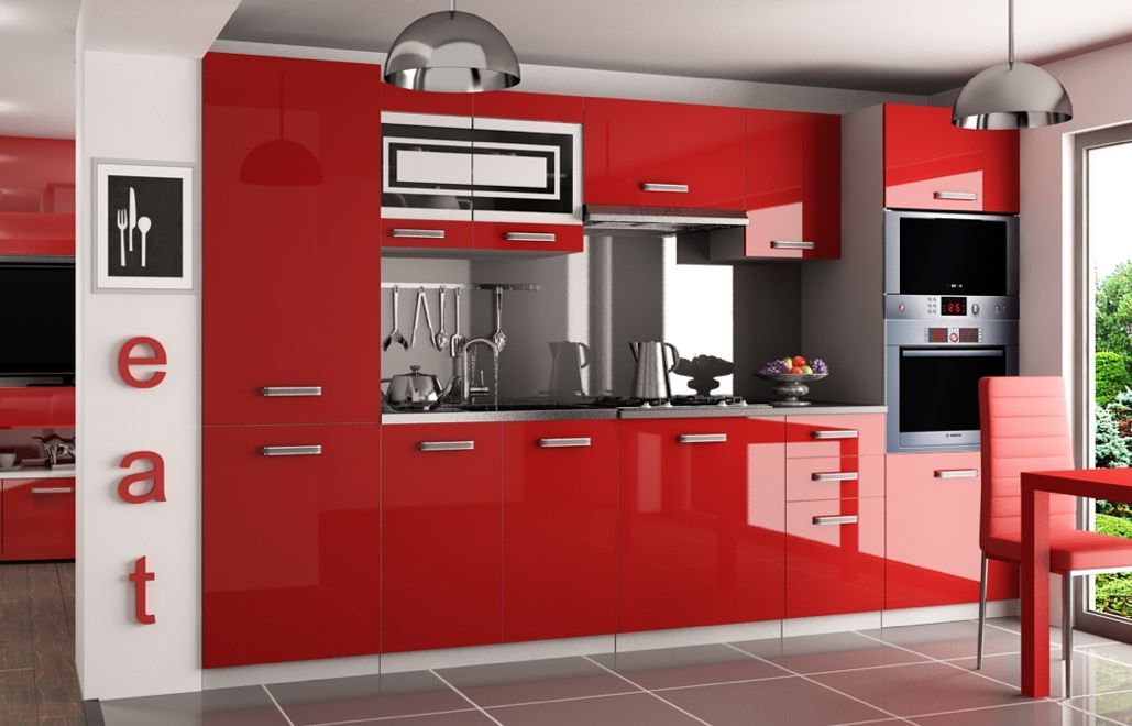 KAUFEXPERT - Küchenzeile Moderno Rot Hochglanz 300 cm Küche Küchenblock