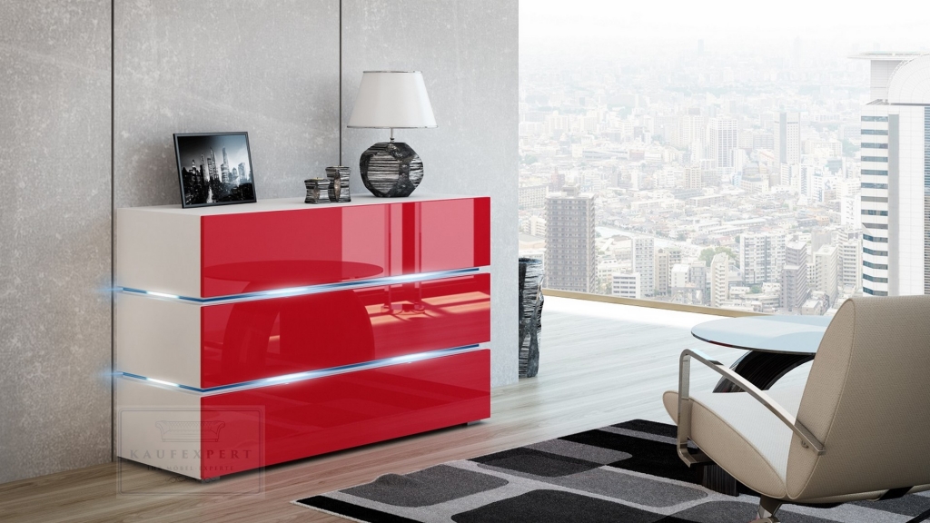Kommode Shine Sideboard 120 cm Rot Hochglanz/Weiß LED Beleuchtung Modern Design TV Möbel Anrichte Sigma