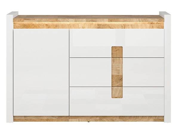 Preview: Kommode Alameda 147 cm Soft Close Weiß Hochglanz/Eiche Westminster LED Beleuchtung Sideboard Modern Design Anrichte Wohnzimmer Schrank