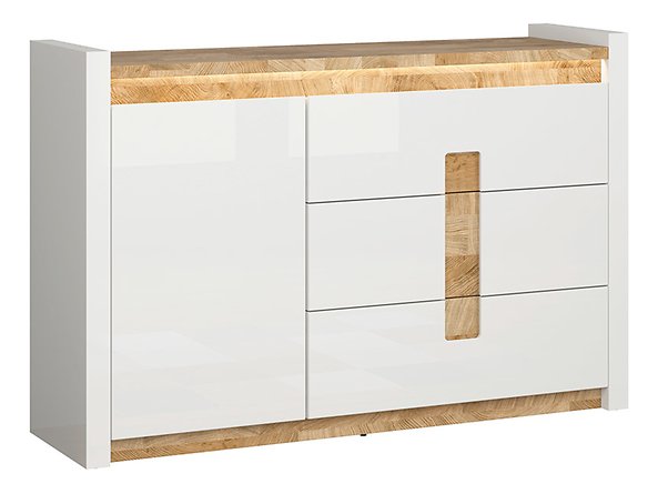 Preview: Kommode Alameda 147 cm Soft Close Weiß Hochglanz/Eiche Westminster LED Beleuchtung Sideboard Modern Design Anrichte Wohnzimmer Schrank