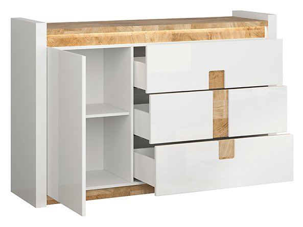 Preview: Kommode Alameda 147 cm Soft Close Weiß Hochglanz/Eiche Westminster LED Beleuchtung Sideboard Modern Design Anrichte Wohnzimmer Schrank