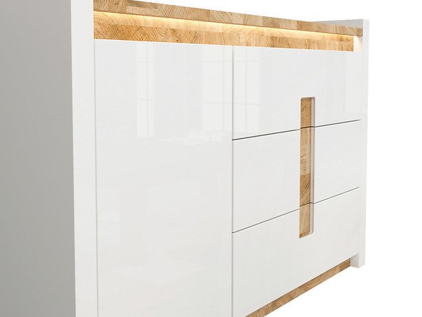 Preview: Kommode Alameda 147 cm Soft Close Weiß Hochglanz/Eiche Westminster LED Beleuchtung Sideboard Modern Design Anrichte Wohnzimmer Schrank