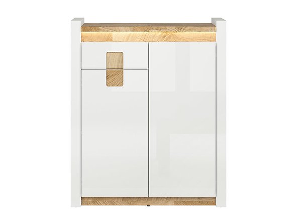 Preview: Highboard Alameda 92 cm Soft Close Weiß Hochglanz/Eiche Westminster  Kommode LED Beleuchtung Highboard Sideboard Modern Design Anrichte Wohnzimmer Schrank