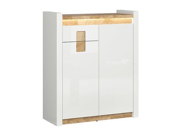 Preview: Highboard Alameda 92 cm Soft Close Weiß Hochglanz/Eiche Westminster  Kommode LED Beleuchtung Highboard Sideboard Modern Design Anrichte Wohnzimmer Schrank