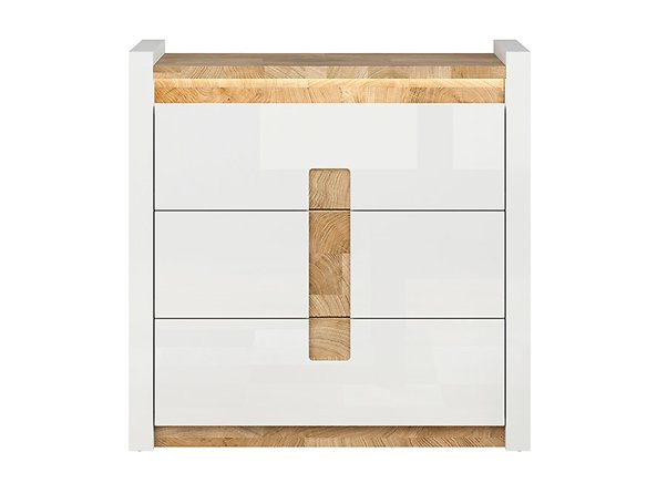 Preview: Kommode Alameda 97 cm mit 3 Schubladen Soft Close Weiß Hochglanz/Eiche Westminster LED Beleuchtung Sideboard Modern Design Anrichte Wohnzimmer