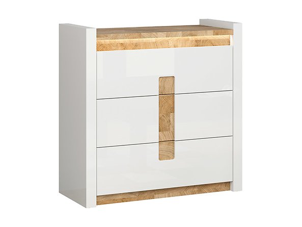 Preview: Kommode Alameda 97 cm mit 3 Schubladen Soft Close Weiß Hochglanz/Eiche Westminster LED Beleuchtung Sideboard Modern Design Anrichte Wohnzimmer