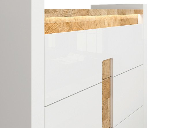 Preview: Kommode Alameda 97 cm mit 3 Schubladen Soft Close Weiß Hochglanz/Eiche Westminster LED Beleuchtung Sideboard Modern Design Anrichte Wohnzimmer