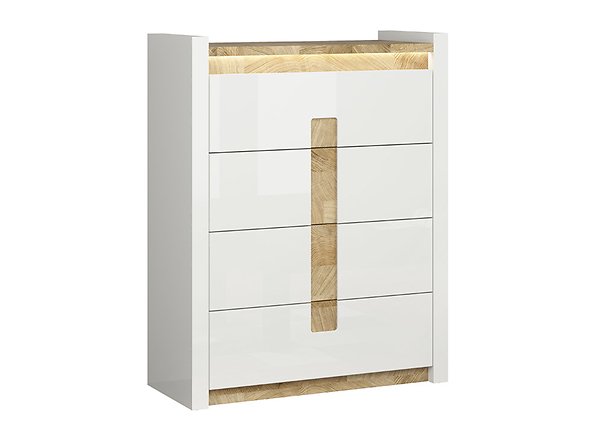 Preview: Highboard Alameda 97cm mit 4 Schubladen Soft Close Weiß Hochglanz/Eiche Westminster Kommode LED Beleuchtung Sideboard Modern Design Anrichte Wohnzimmer