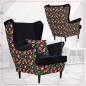 Preview: Ohrensessel ARI M 77 / Royal 31  Wohnzimmersessel Sessel inkl. Kissen, ohne Hocker, mit Knopfheftung , Schwarz Blumenmuster