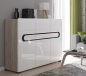 Preview: Kommode BYRON 150 cm mit schönen abgerundeten Kanten, Soft Close, Weiß Hochglanz/San Remo Eiche Matt, Gehärtetes Glas, Modernes Design Anrichte Sideboard