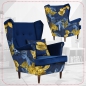 Preview: Ohrensessel ARI Poly 2 / Royal 22  Wohnzimmersessel Blumenmuster Sessel Kissen, ohne Hocker mit Knopfheftung Blau