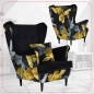 Preview: Ohrensessel ARI Poly 3 / Royal 31  Wohnzimmersessel Blumenmuster Sessel inkl. Kissen, ohne Hocker mit Knopfheftung Schwarz