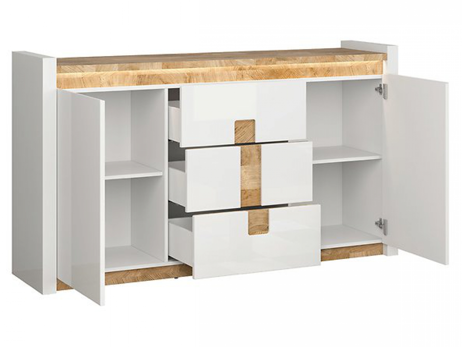 Kommode Alameda 172 cm Soft Close Weiß Hochglanz/Eiche Westminster LED Beleuchtung Sideboard Modern Design Anrichte Wohnzimmer Schrank