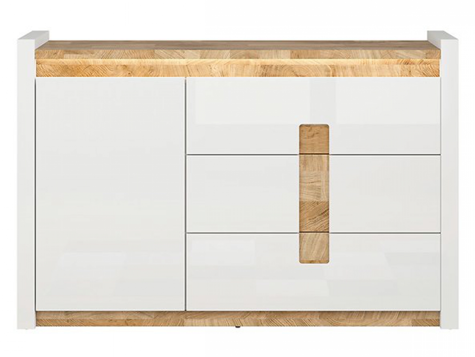 Kommode Alameda 147 cm Soft Close Weiß Hochglanz/Eiche Westminster LED Beleuchtung Sideboard Modern Design Anrichte Wohnzimmer Schrank