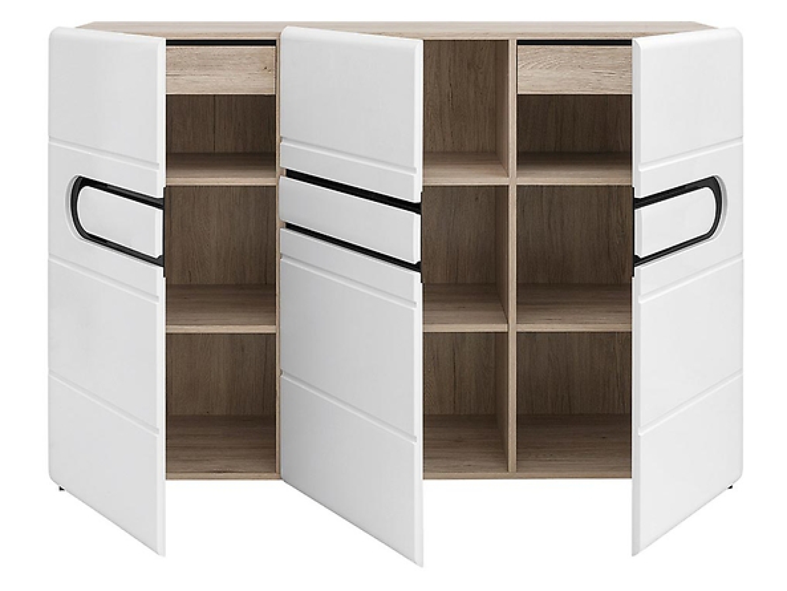 Kommode BYRON 150 cm mit schönen abgerundeten Kanten, Soft Close, Weiß Hochglanz/San Remo Eiche Matt, Gehärtetes Glas, Modernes Design Anrichte Sideboard