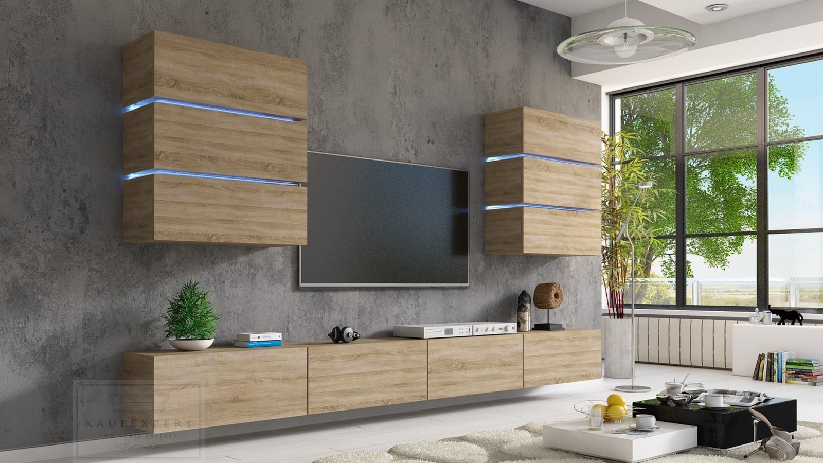 Wohnwand Dream Sonoma Eiche Matt 332 cm Mediawand Medienwand Design Modern Led Beleuchtung Hängewand Hängeschrank TV Wand Shine Sigma Shadow