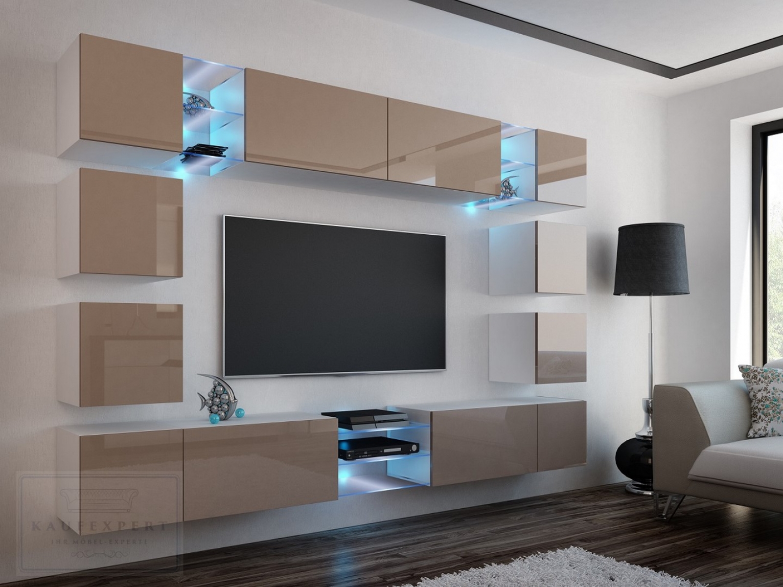 Wohnwand Edge Cappuccino Hochglanz/Weiß  Mediawand Medienwand Design Modern Led Beleuchtung MDF Hochglanz Hängewand Hängeschrank TV Wand