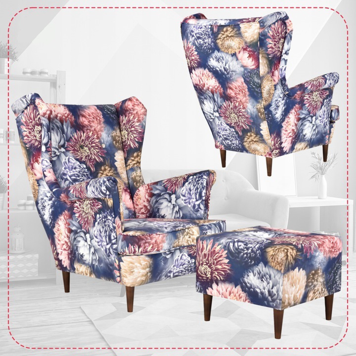 Ohrensessel Flower 2 mit Hocker Wohnzimmersessel  Blumenmuster