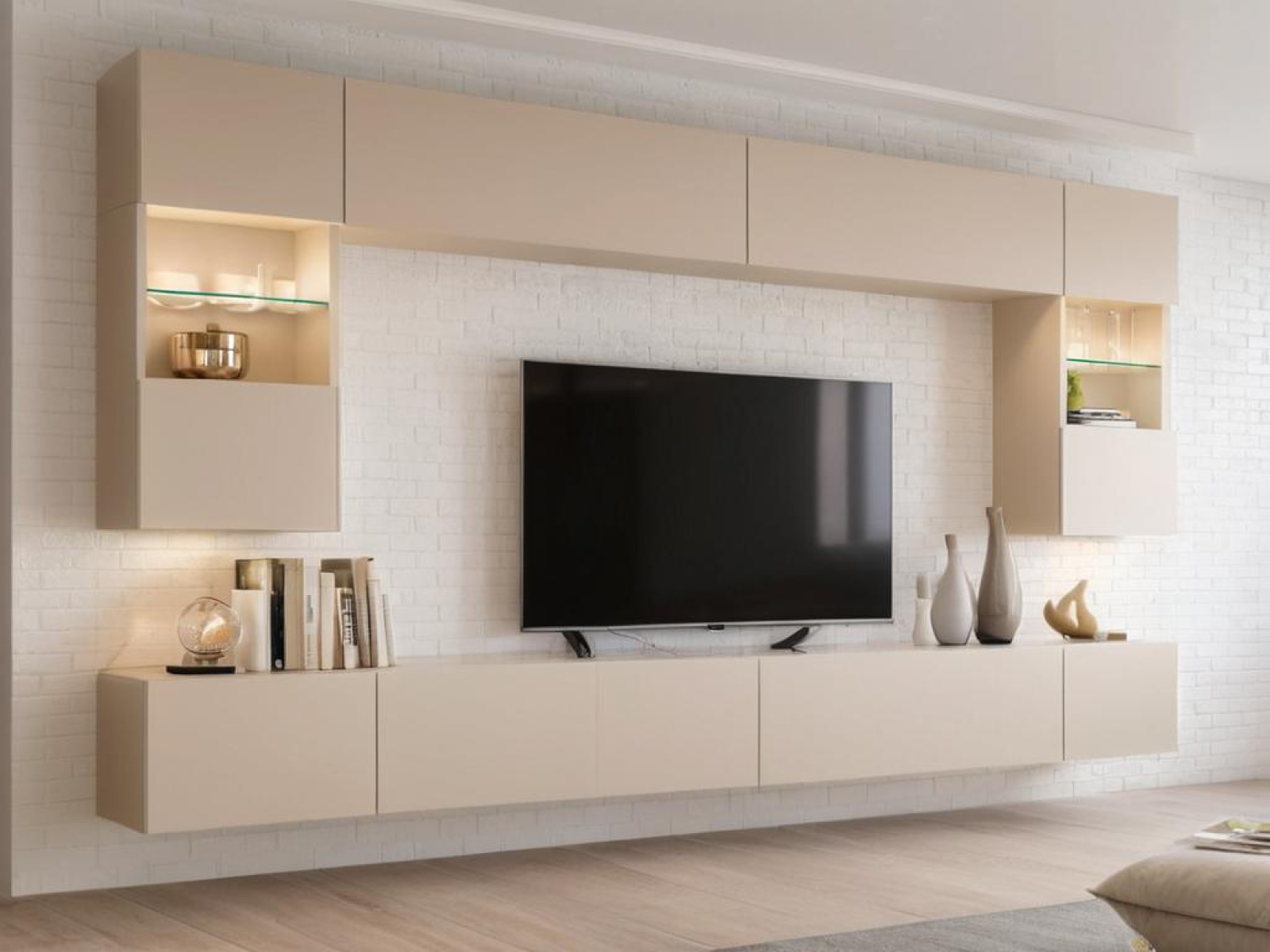 Wohnwand Flow Kaschmirfarbe Mediawand Medienwand Design Modern Led Beleuchtung Hängeschrank TV Wand Kaschmir