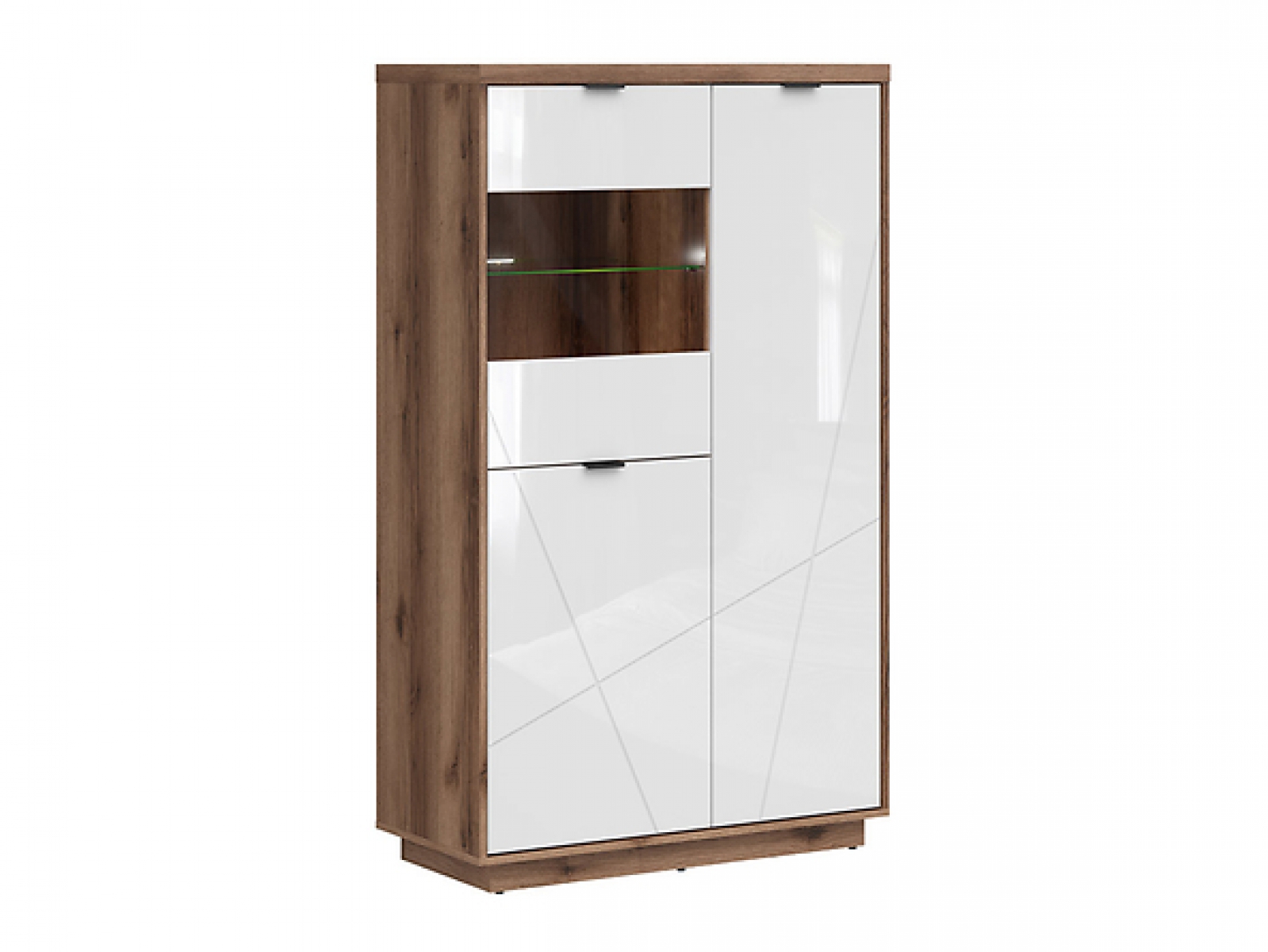 Vitrine Forn 94 cm Soft Close Weiß Hochglanz/Eiche Delano Modern Design LED Beleuchtung