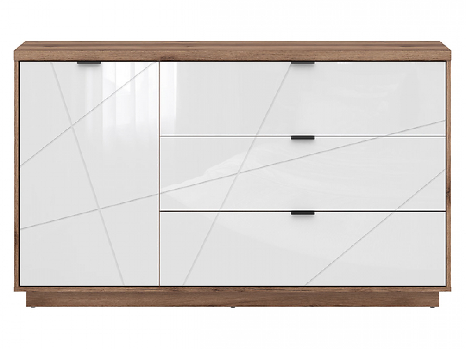 Kommode Forn 156cm Soft Close Weiß Hochglanz/Eiche Delano Sideboard Modern Design Anrichte Wohnzimmer Schrank