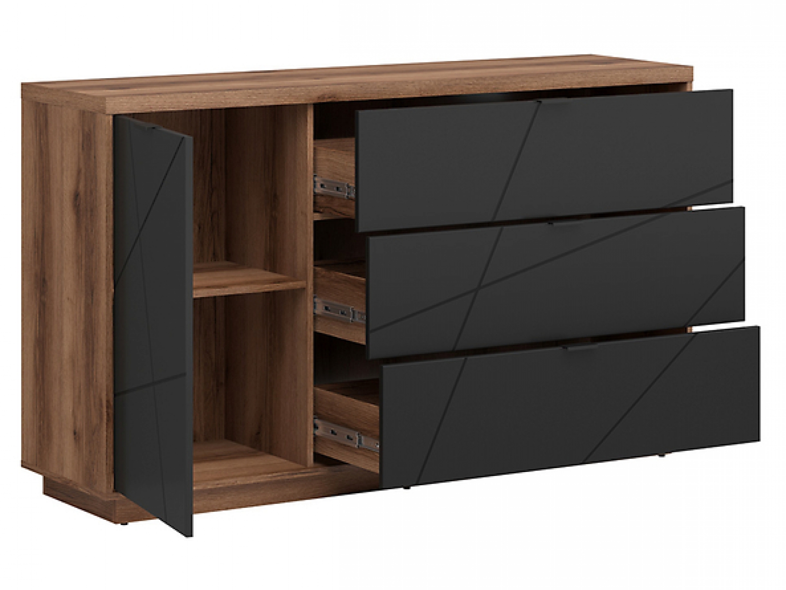 Kommode Forn 156cm Soft Close Schwarz Matt/Eiche Delano Sideboard Modern Design Anrichte Wohnzimmer Schrank