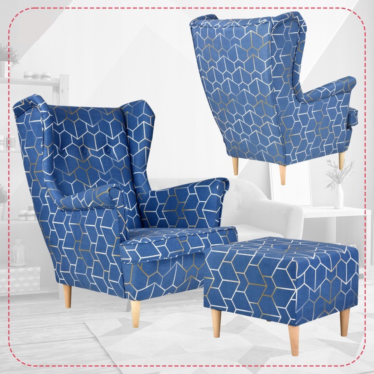 Ohrensessel Gabo 2 mit Hocker Wohnzimmersessel Blau