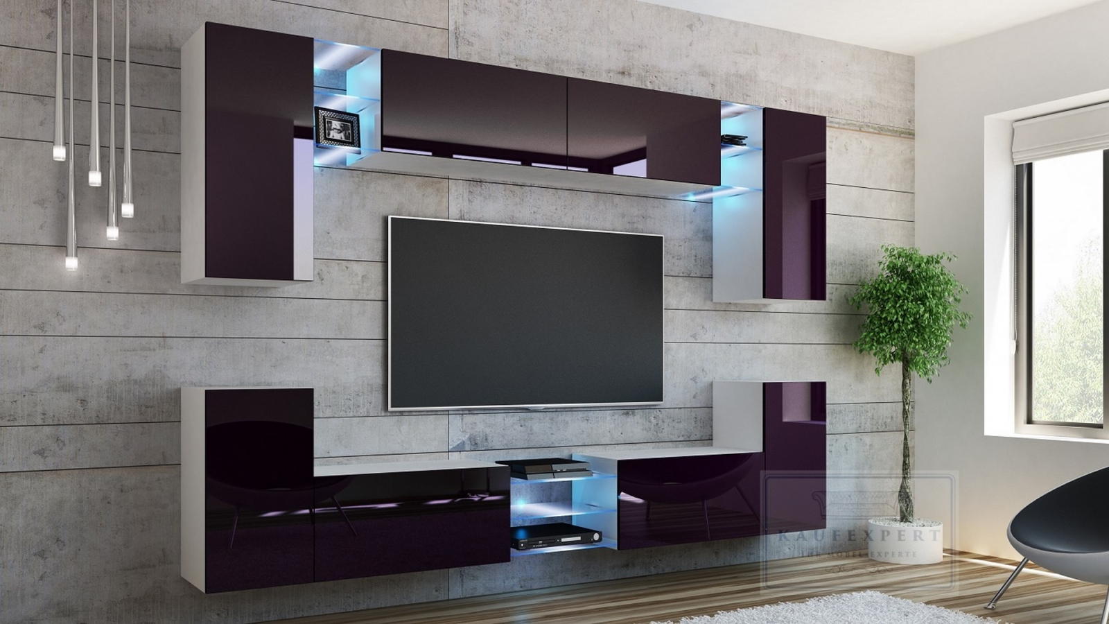 Wohnwand Galaxy Aubergine Hochglanz/ Weiß Mediawand Medienwand Design Modern Led Beleuchtung MDF Hochglanz Hängewand Hängeschrank TV Wand