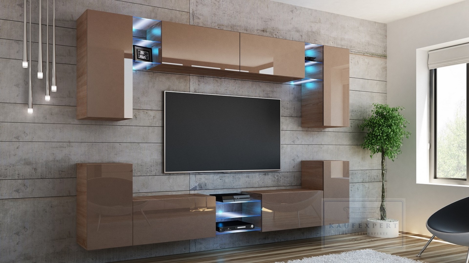 Wohnwand Galaxy Cappuccino Hochglanz/ Sonoma Eiche Mediawand Medienwand Design Modern Led Beleuchtung MDF Hochglanz Hängewand Hängeschrank TV Wand