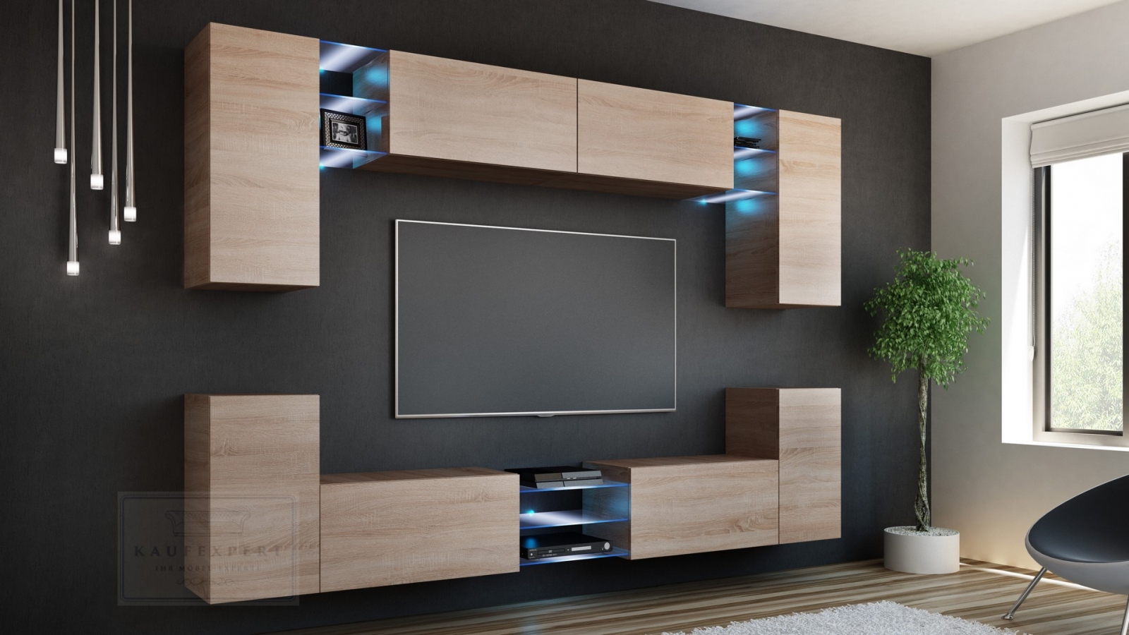 Wohnwand Galaxy Sonoma Eiche Mediawand Medienwand Design Modern Led Beleuchtung Hängewand Hängeschrank TV Wand