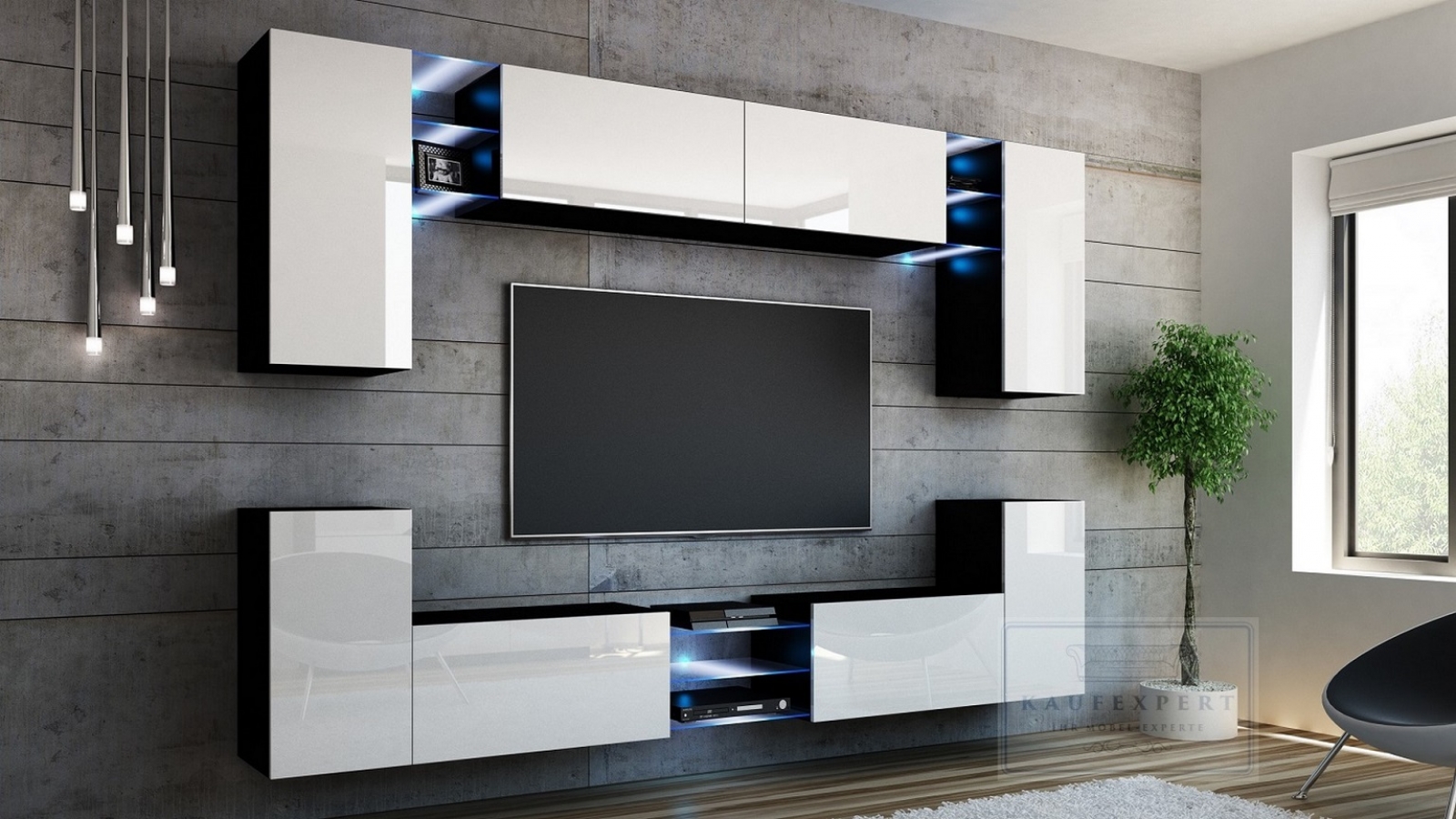 Wohnwand Galaxy Weiß Hochglanz/ Schwarz Mediawand Medienwand Design Modern Led Beleuchtung MDF Hochglanz Hängewand Hängeschrank Galaxy TV Wand