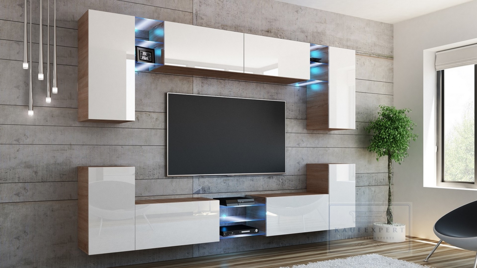 Wohnwand Galaxy Weiß Hochglanz/ Sonoma Eiche Mediawand Medienwand Design Modern Led Beleuchtung MDF Hochglanz Hängewand Hängeschrank Galaxy TV Wand