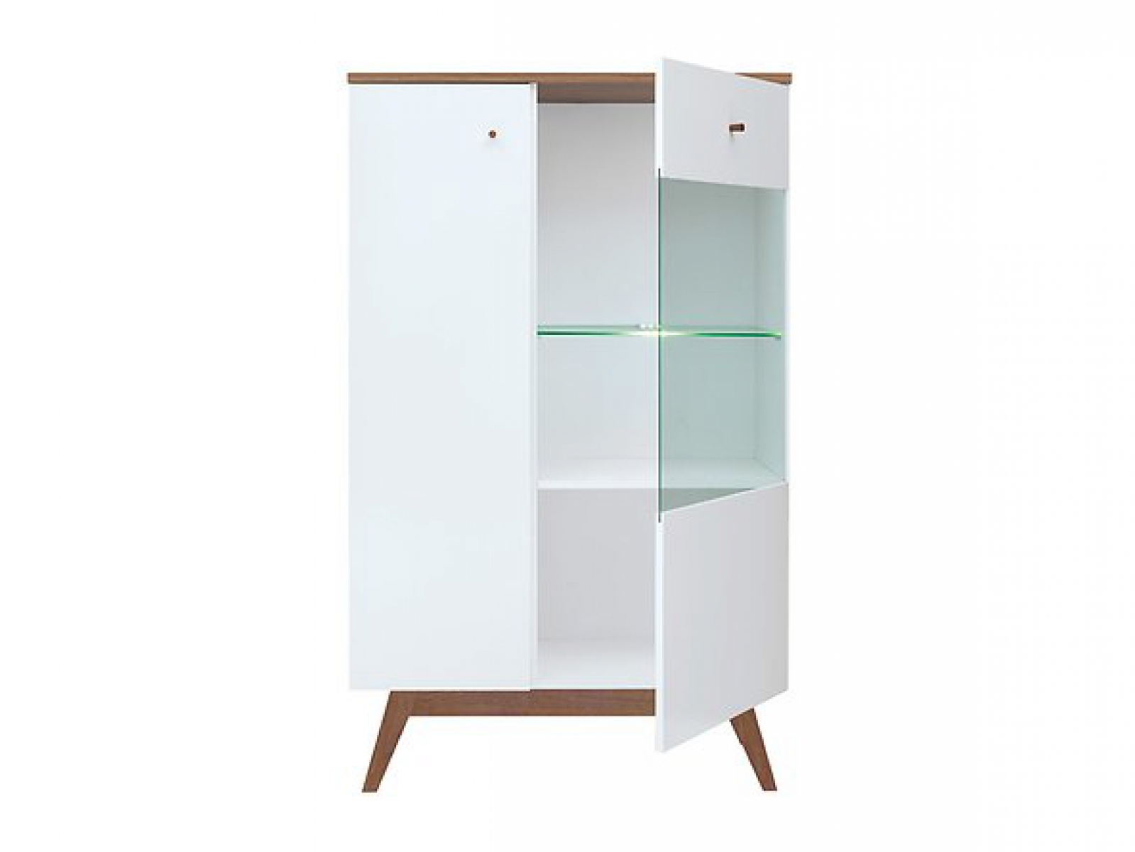 Vitrine Heda 85 cm Weiß Hochglanz/Sibu Lärche/Weiß Vintage Retro Design LED Beleuchtung