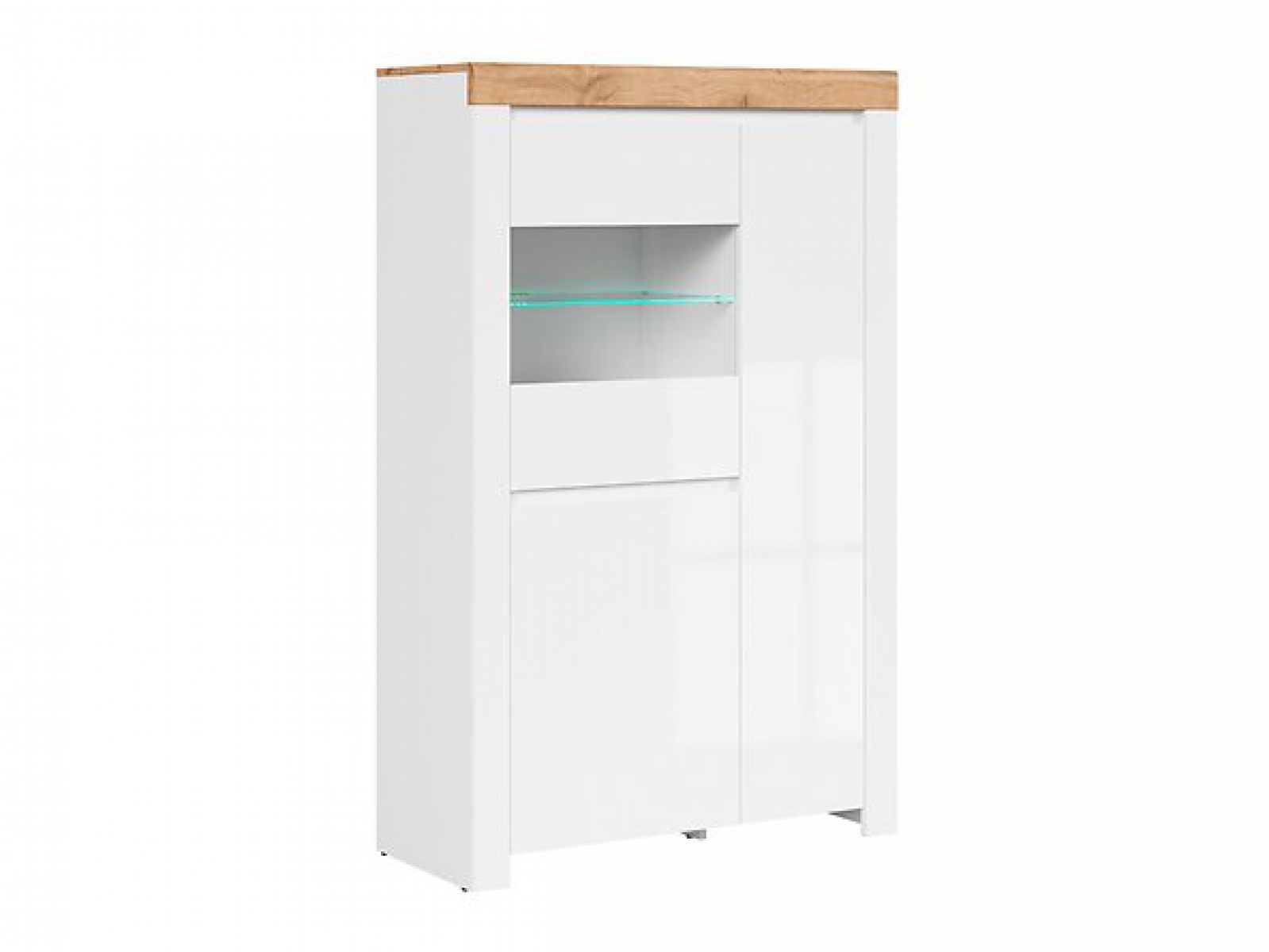 Vitrine Holten 98 cm Soft Close lackiert Weiß Hochglanz/Wotan Eiche/Weiß Modern Design LED Beleuchtung