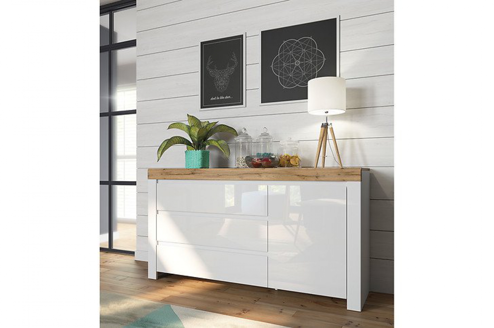 Kommode Holten 156 cm lackiert Soft Close Weiß Hochglanz/Wotan Eiche/Weiß Matt Modernes Design Anrichte Sideboard