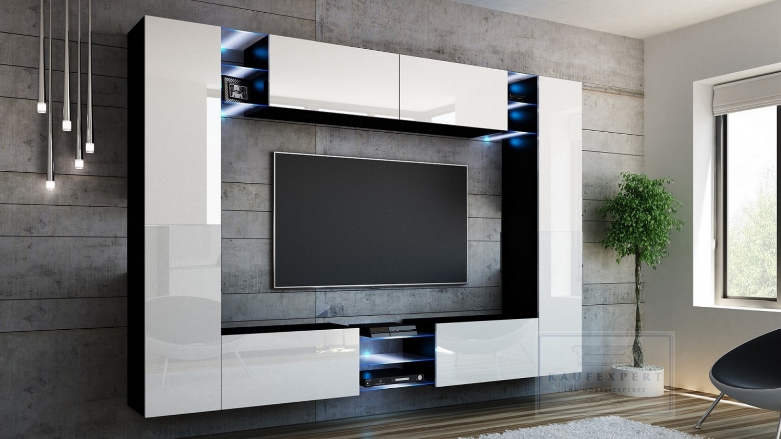 Wohnwand Kino Weiß Hochglanz/ Schwarz Mediawand Medienwand Design Modern Led Beleuchtung MDF Hochglanz Hängewand Hängeschrank TV Wand