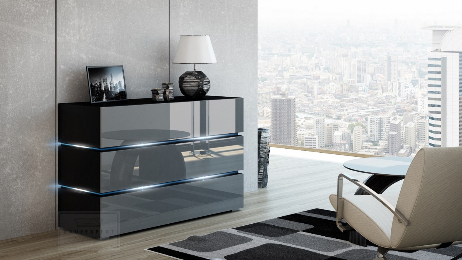 Kommode Shine Sideboard 120 cm Grau Hochglanz/Schwarz LED Beleuchtung Modern Design TV Möbel Anrichte Sigma