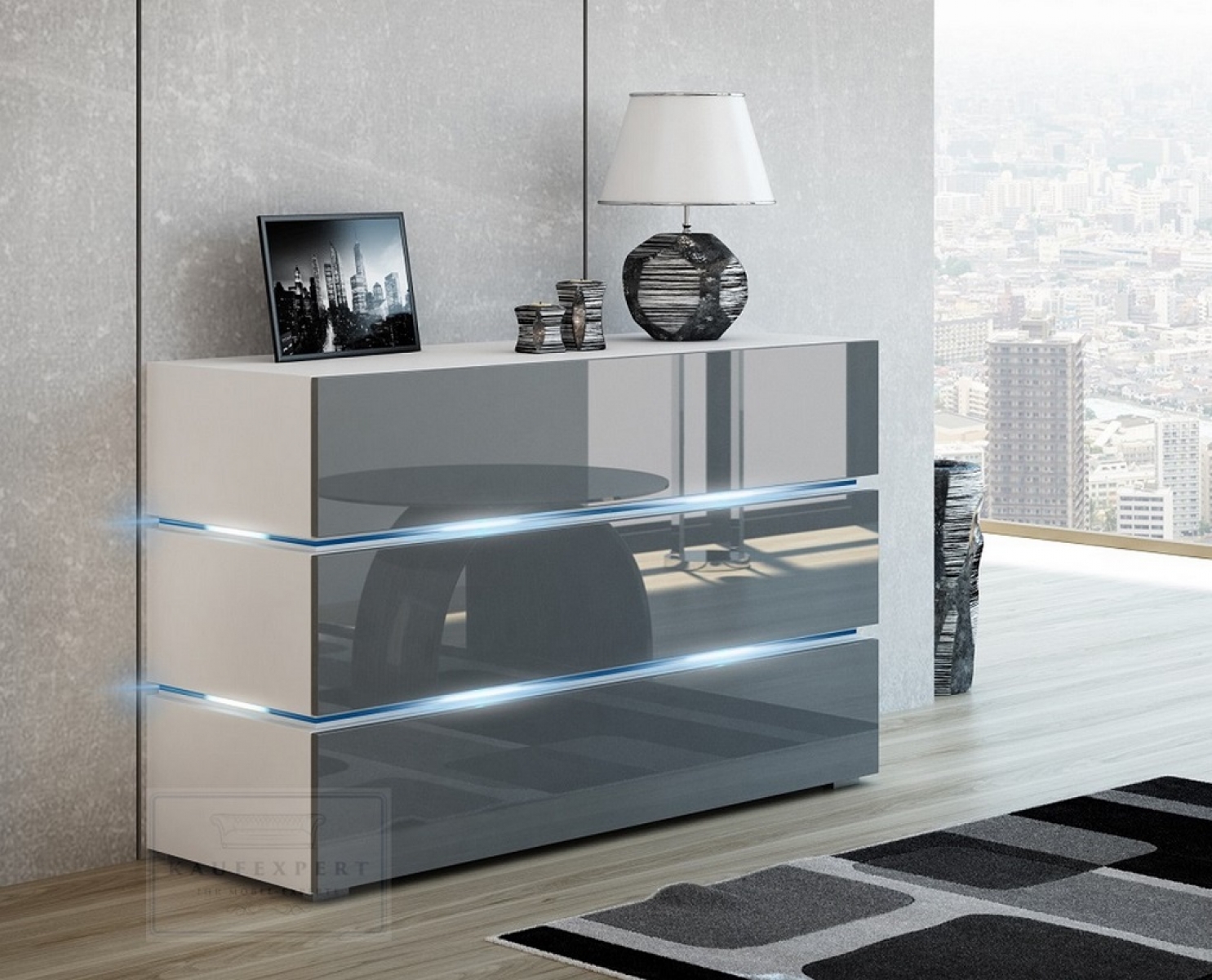 Kommode Shine Sideboard 90 cm Grau Hochglanz/Weiß LED Beleuchtung Modern Design TV Möbel Anrichte Sigma