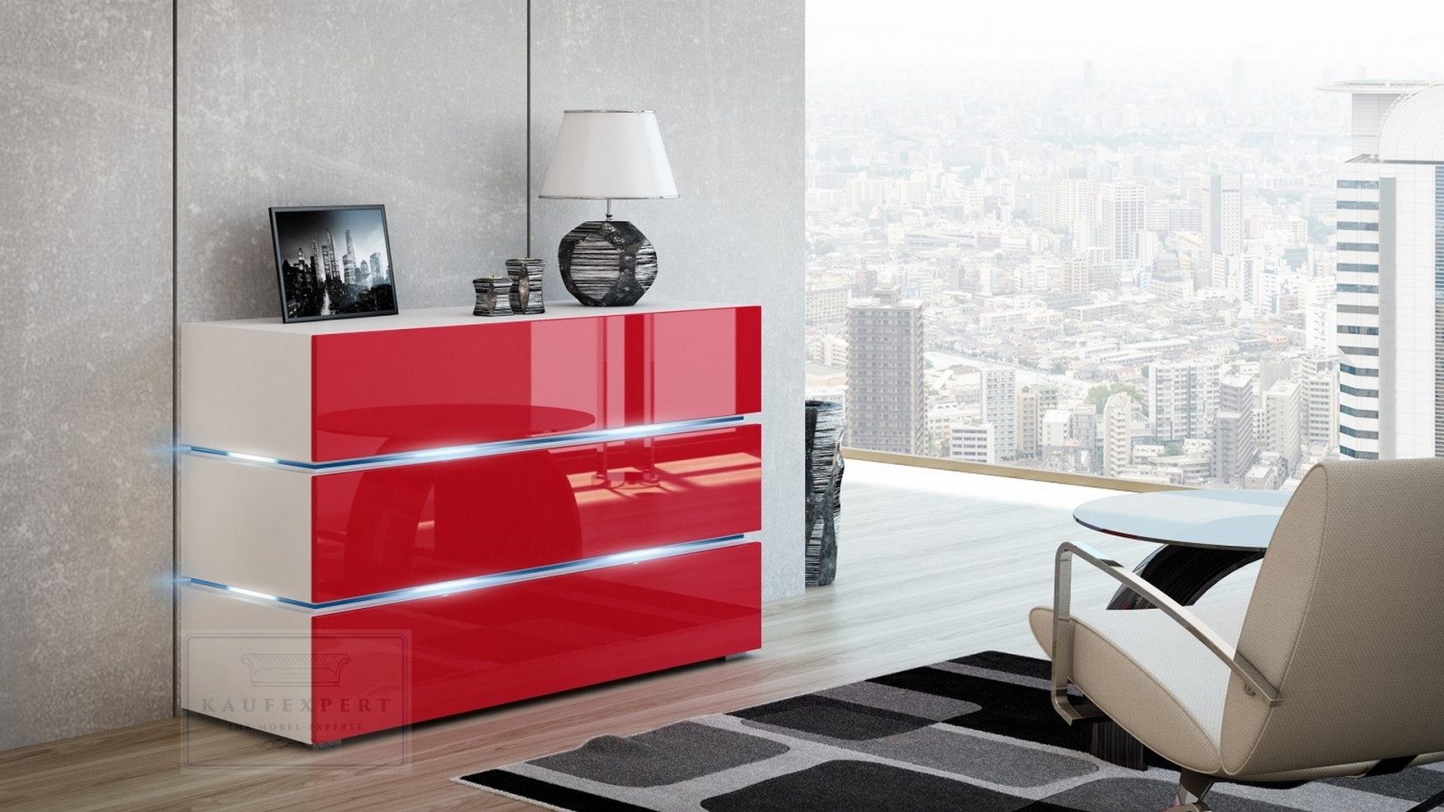 Kommode Shine Sideboard 90 Cm Rot Hochglanz Weiss Led Beleuchtung Modern Design Tv Mobel Anrichte Sigma