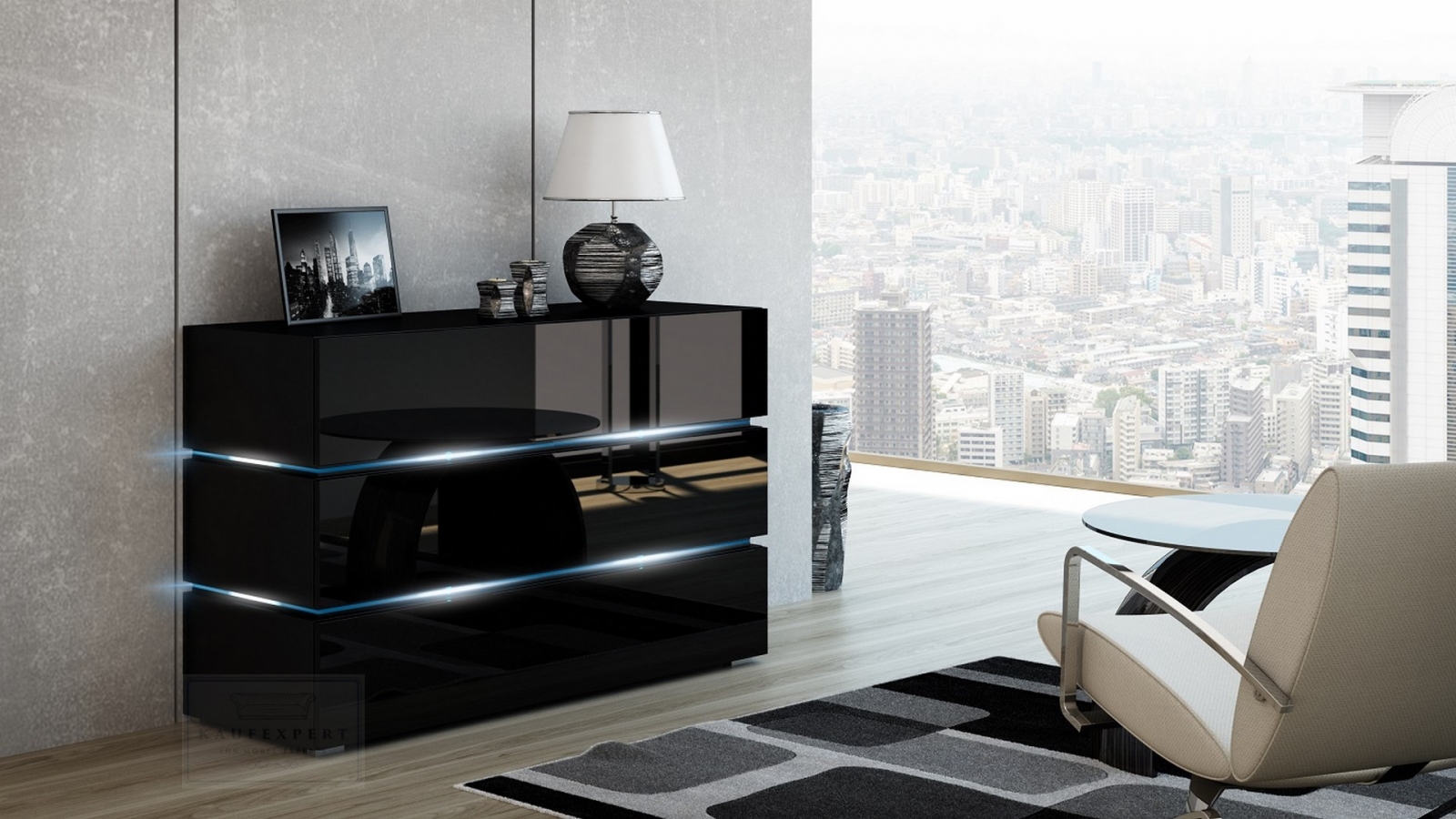 Kommode Shine Sideboard 120 cm Schwarz Hochglanz/ Schwarz LED Beleuchtung Modern Design TV Möbel Anrichte Sigma