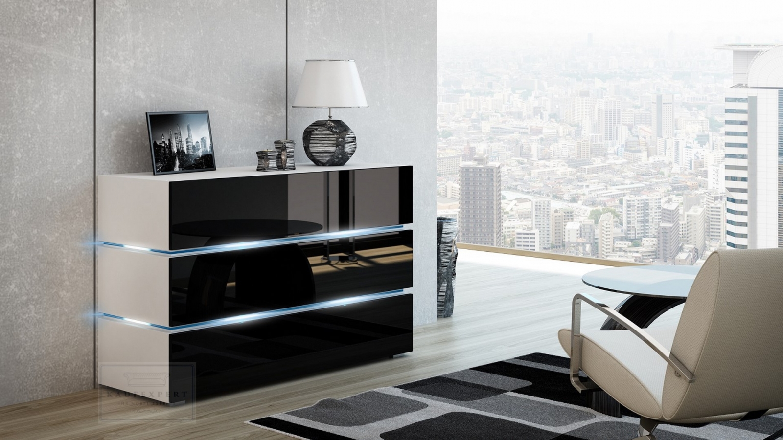 Kommode Shine Sideboard 90 cm Schwarz Hochglanz/Weiß LED Beleuchtung Modern Design TV Möbel Anrichte Sigma