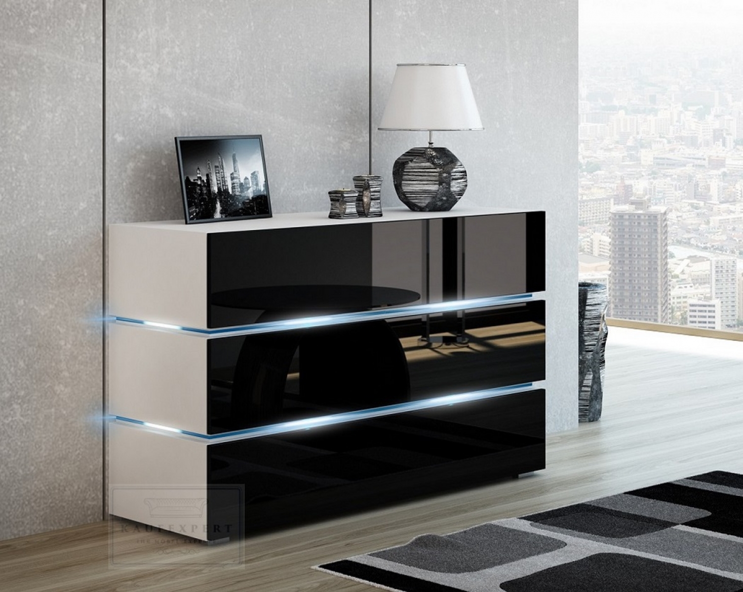 Kommode Shine Sideboard 90 cm Schwarz Hochglanz/Weiß LED Beleuchtung Modern Design TV Möbel Anrichte Sigma