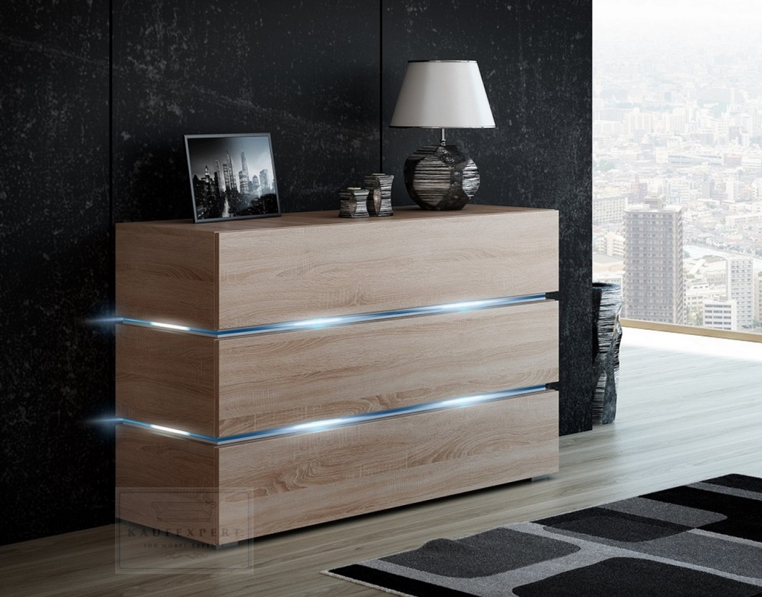 Kommode Shine Sideboard 90 cm Sonoma Eiche LED Beleuchtung Modern Design TV Möbel Anrichte Sigma