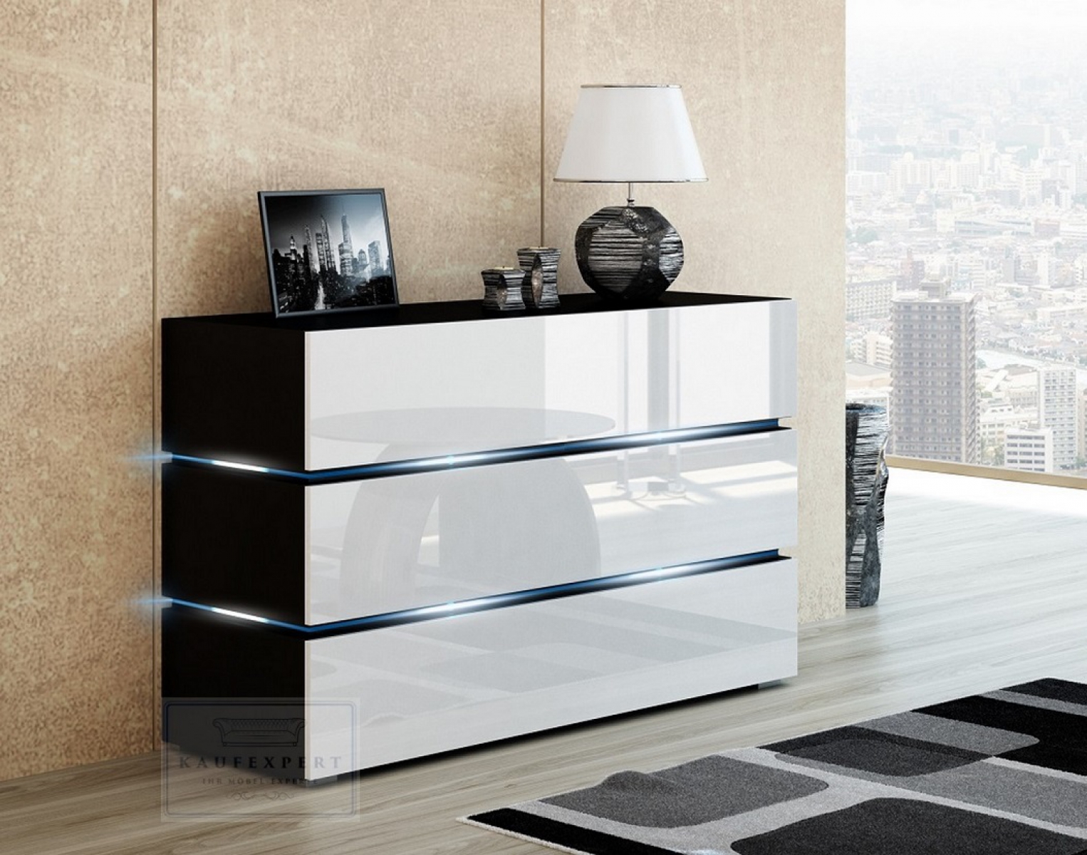 Kommode Shine Sideboard 90 cm Weiß Hochglanz/Schwarz LED Beleuchtung Modern Design TV Möbel Anrichte Sigma