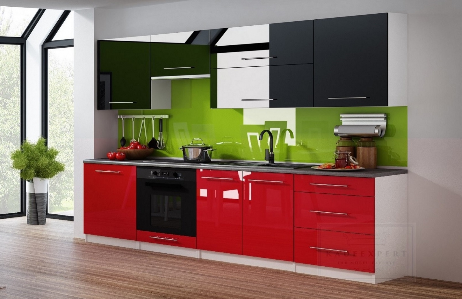 Küchenzeile Linda Schwarz/Rot Hochglanz  + Korpus in Weiß 260 cm Küche Küchenblock  MDF Arbeitsplatte Relinggriffe Modern Einbauküche