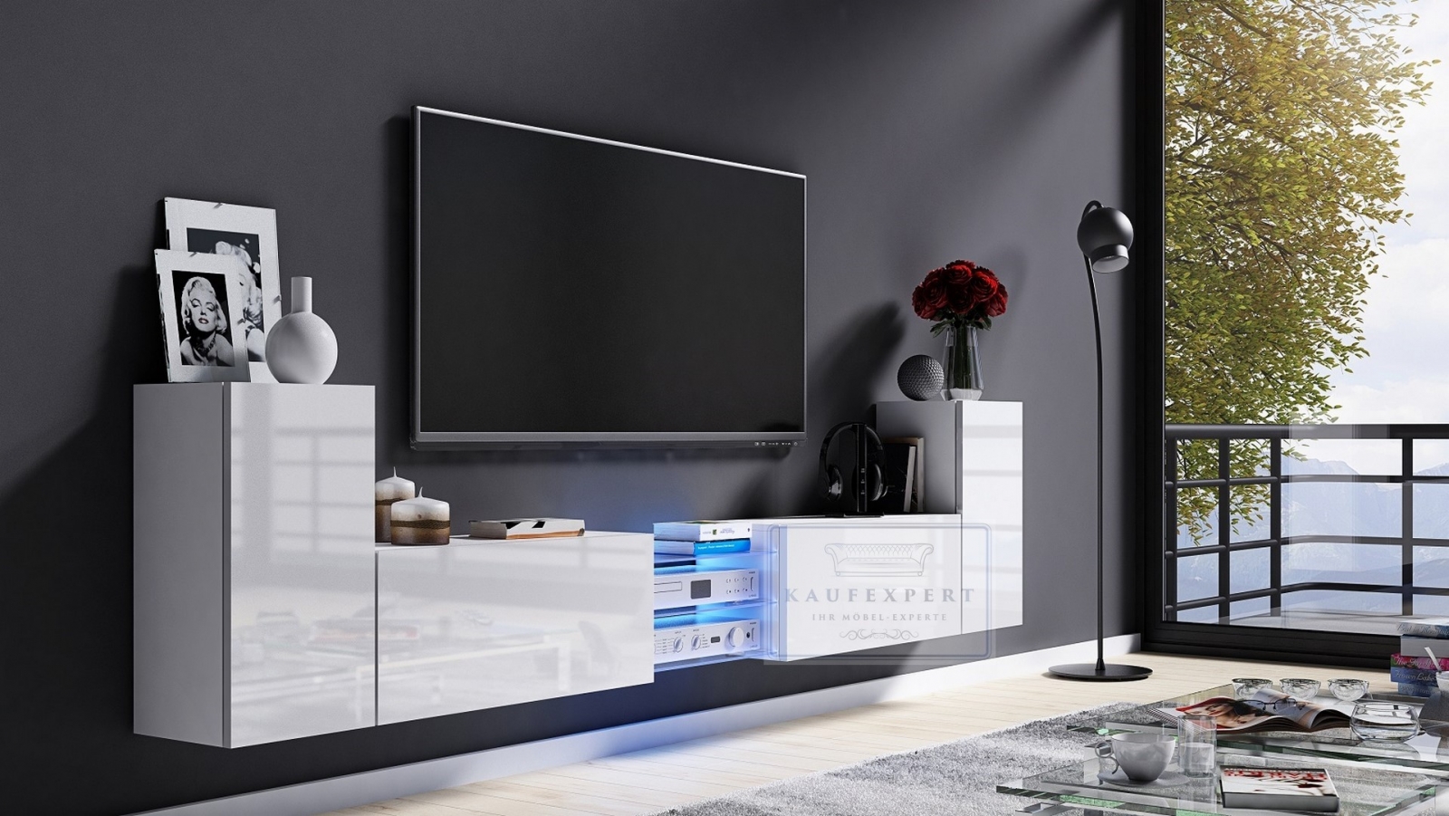 Tv Lowboard Galaxy Weiß Hochglanz/Weiß MDF Design Board HiFi Tisch Beleuchtung Modern Wohnwand  Schrank Möbel