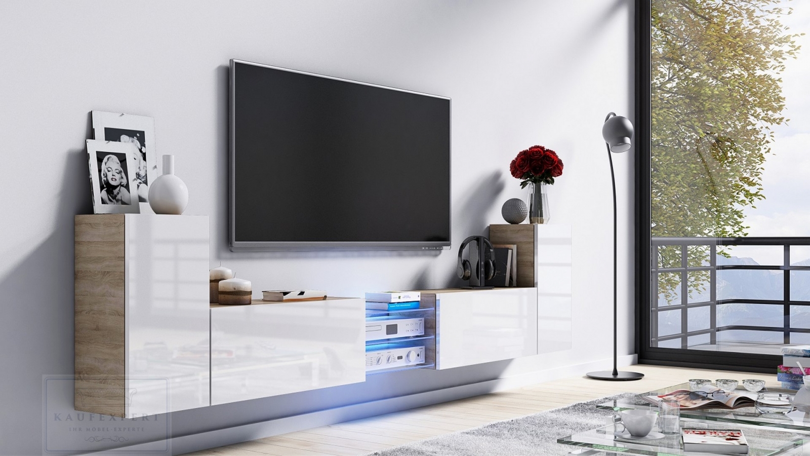Tv Lowboard Galaxy Weiß Hochglanz/Sonoma MDF Design Board HiFi Tisch Beleuchtung Modern Wohnwand  Schrank Möbel