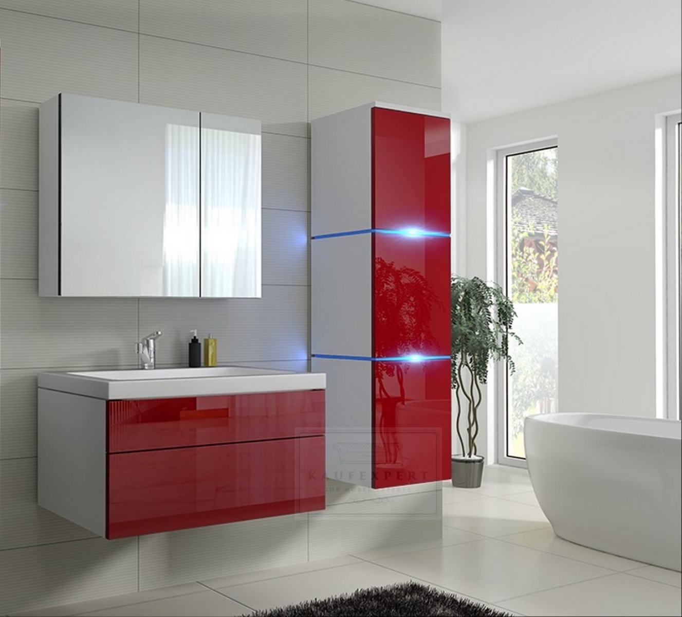 Badmöbel-Set Lux 1 NEW Rot Hochglanz/Weiß KERAMIK Waschbecken Badezimmer Led Beleuchtung Badezimmermöbel Keramikbecken