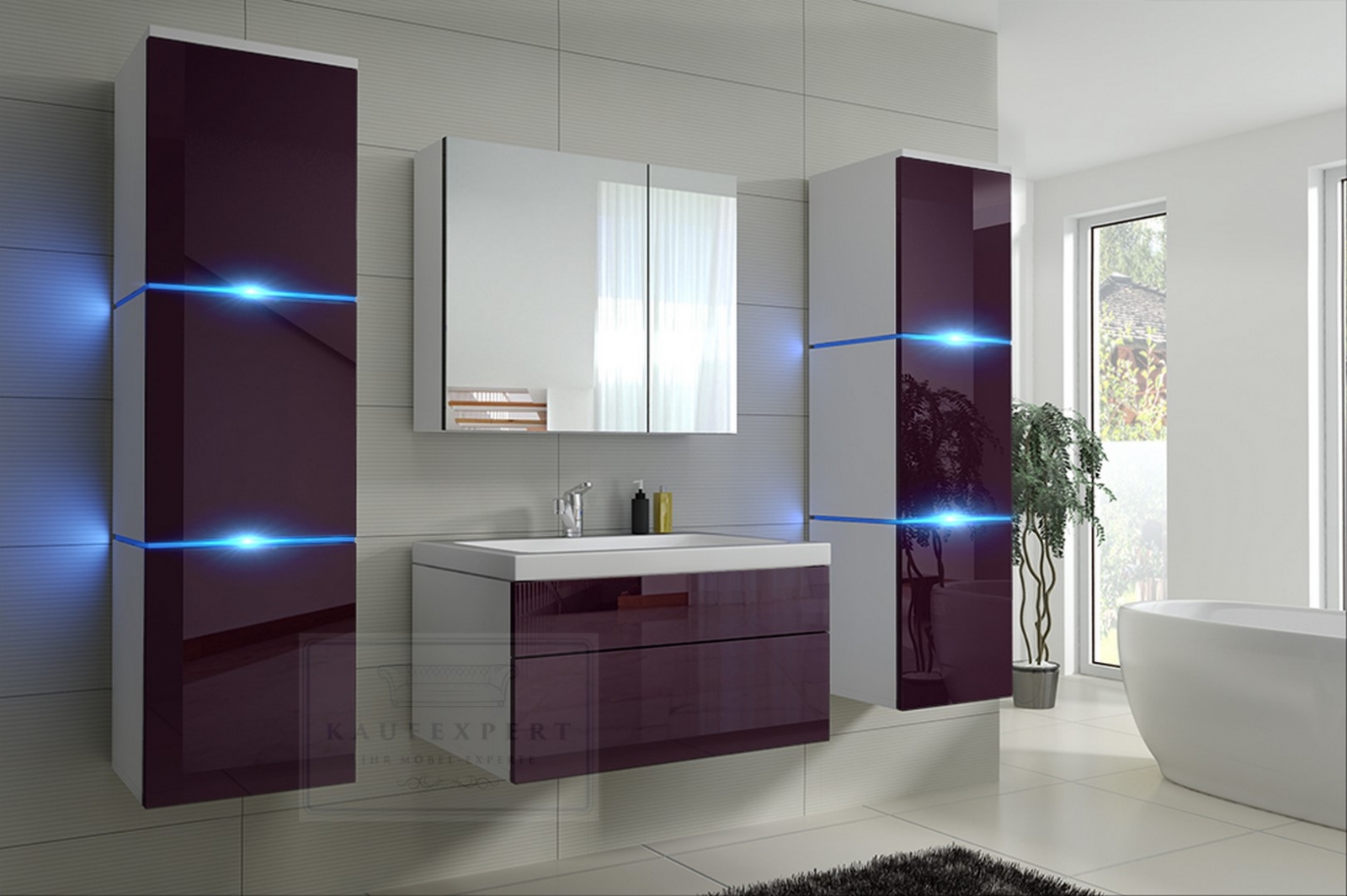 Badmöbel-Set Lux NEW Aubergine Hochglanz/Weiß KERAMIK Waschbecken Badezimmer Led Beleuchtung Badezimmermöbel Keramikbecken